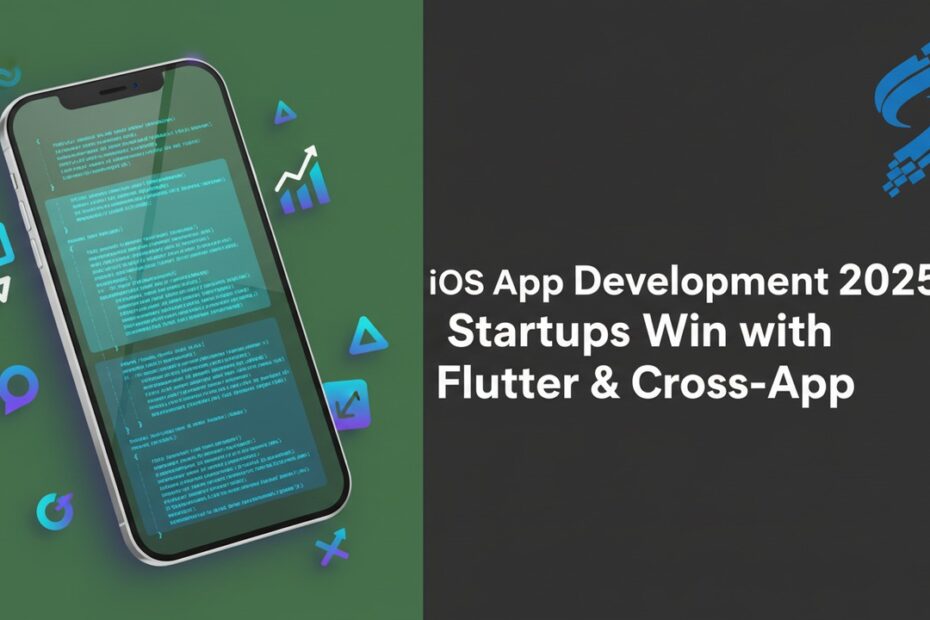 Modern flat design split layout: left side abstract iPhone with SwiftUI code snippets in cyan-blue g